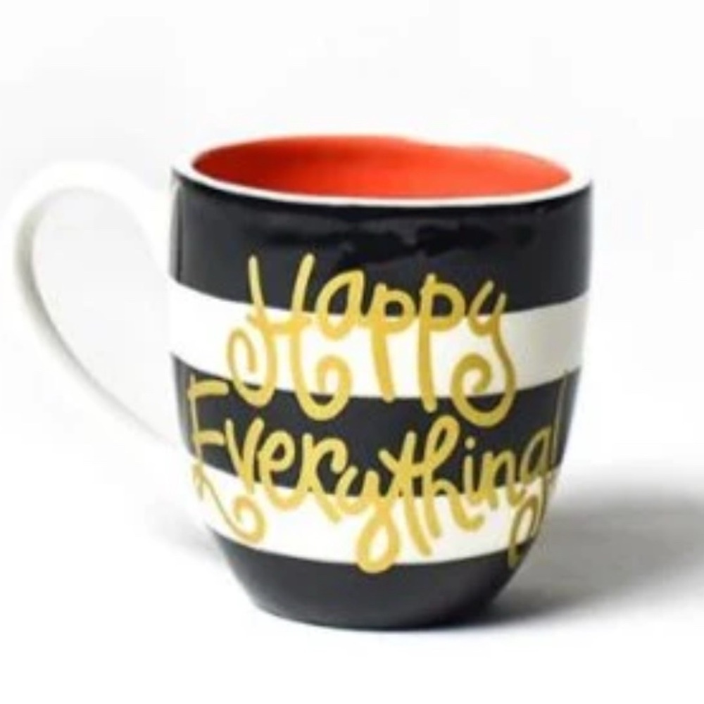 Coton Colors Happy Everything Striped Black & White Mug with Gold Text